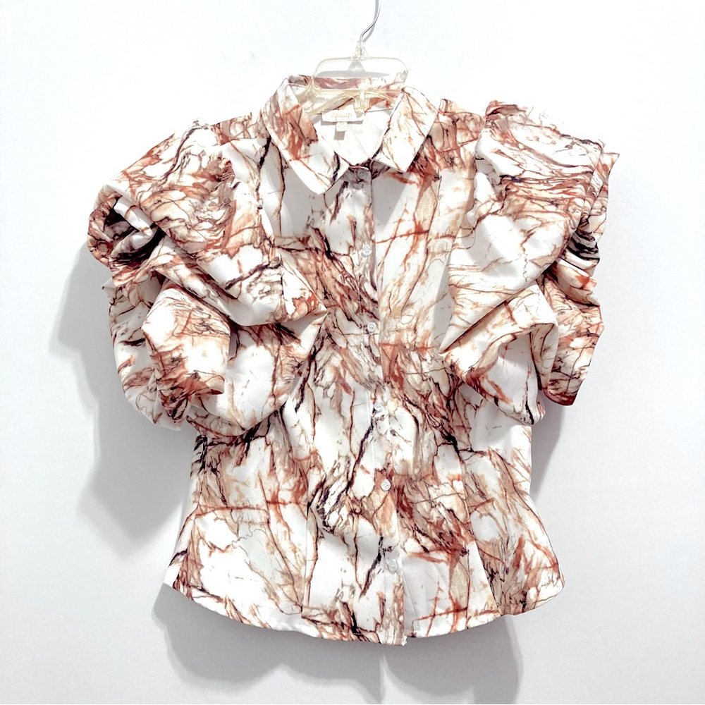 A Peach Women’s Puff Fluted Sleeve Marble White & Brown Button Down Shirt - Picture 7 of 8
